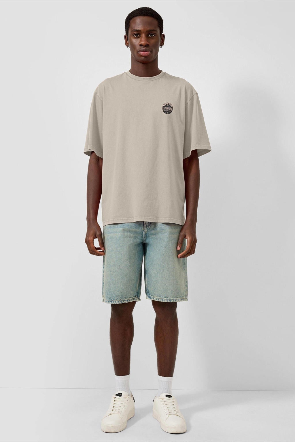 Beige heren QS relaxed T-shirt van katoen met backprint, korte mouwen en ronde hals