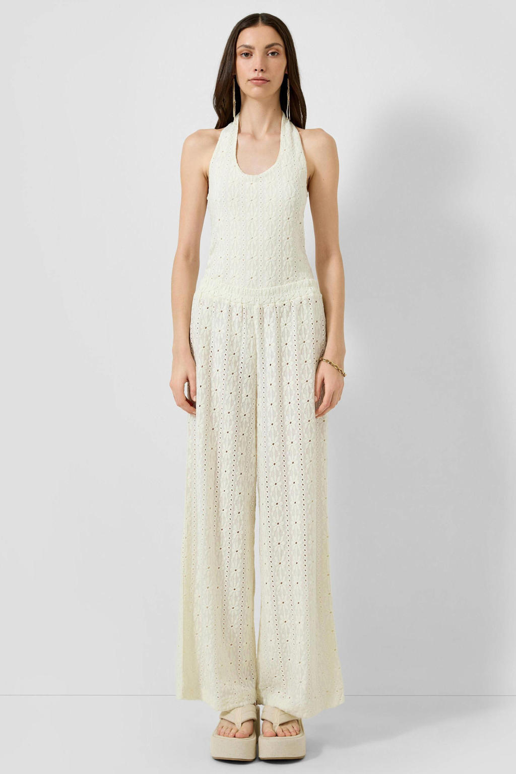Ecru dames QS wide leg broek broderie met effen
