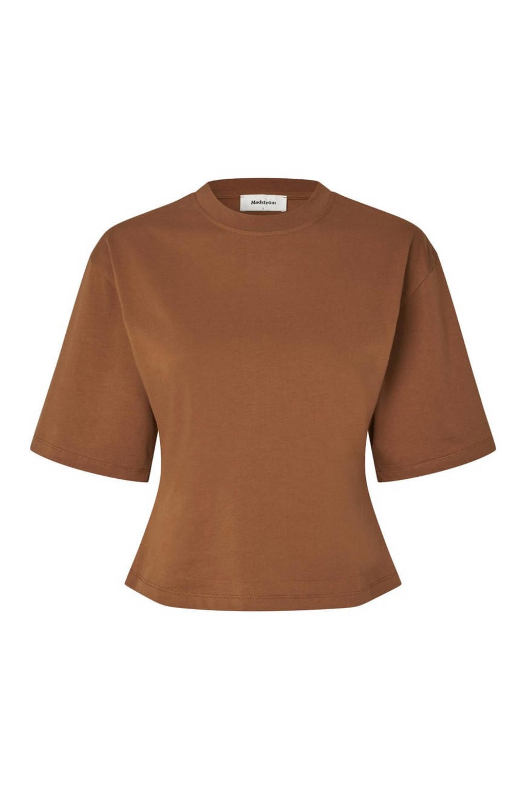 Bruine dames Modström T-shirt van katoen met effen, korte mouwen en ronde hals