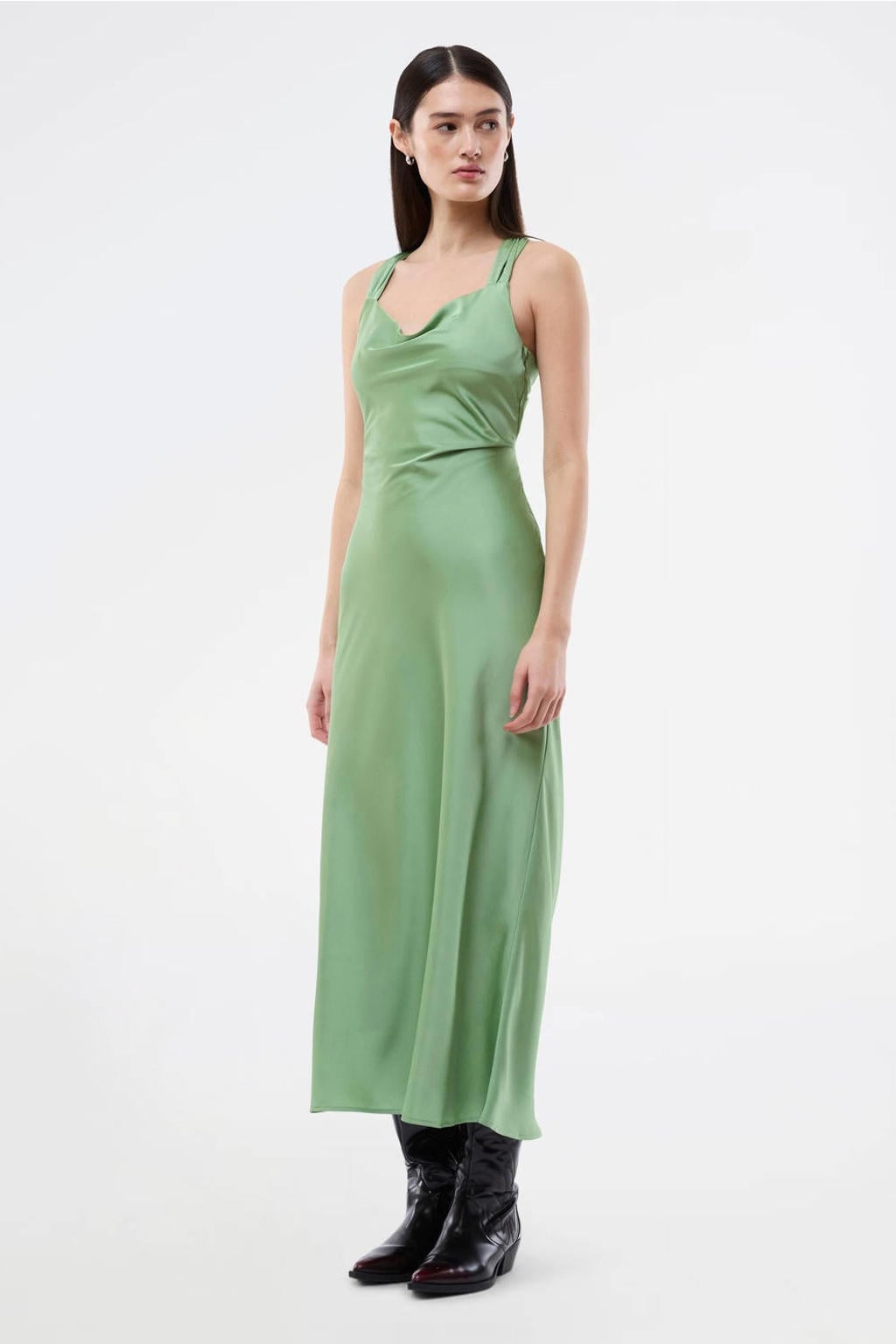 Groene dames Modström satijnen midi jurk met effen, watervalhals, blinde ritssluiting en open detail
