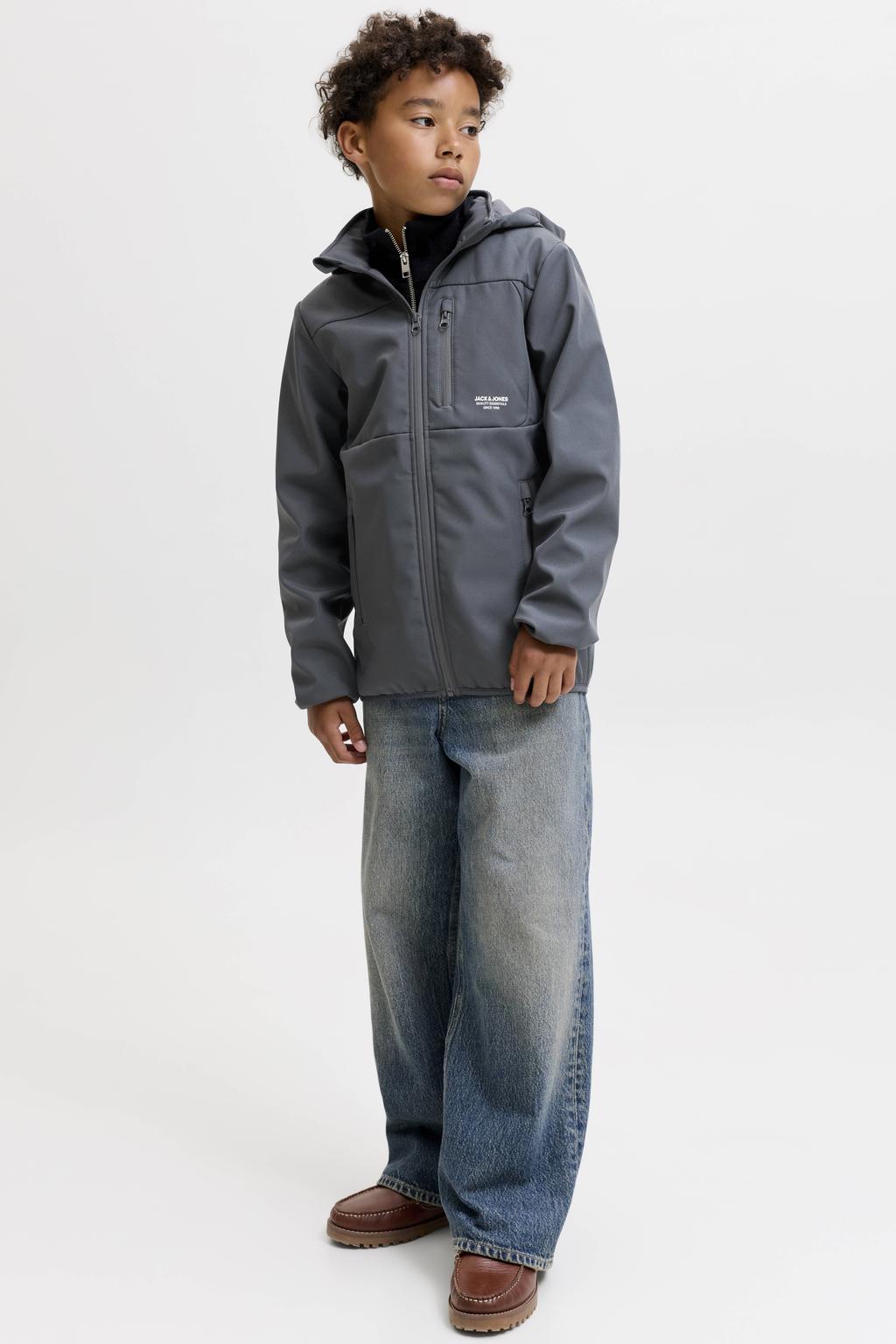 Antraciete jongens JACK & JONES JUNIOR softshell jas van polyester met effen, lange mouwen, capuchon en ritssluiting