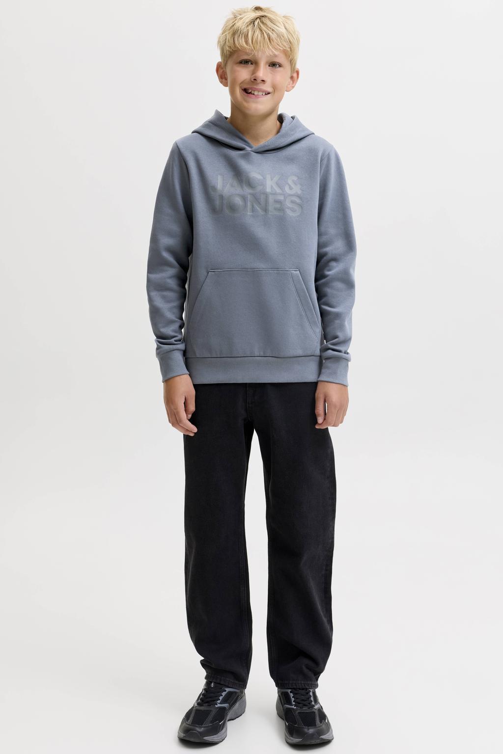 Grijsblauwe jongens JACK & JONES JUNIOR rechtvallende hoodie blauw van sweat materiaal met logo dessin, lange mouwen en capuchon