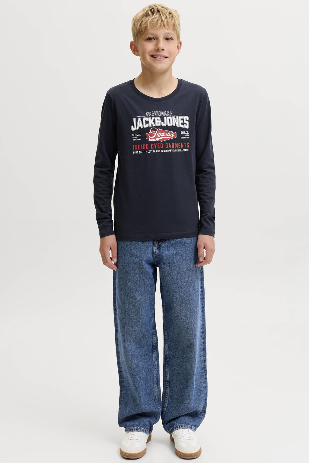 Donkerblauwe jongens JACK & JONES JUNIOR longsleeve van katoen met lange mouwen en ronde hals