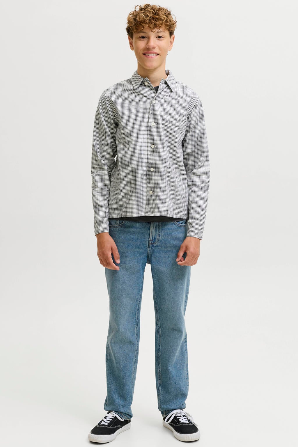 Medium blue denim jongens JACK & JONES JUNIOR straight leg regular fit jeans mediumblauw van denim met effen