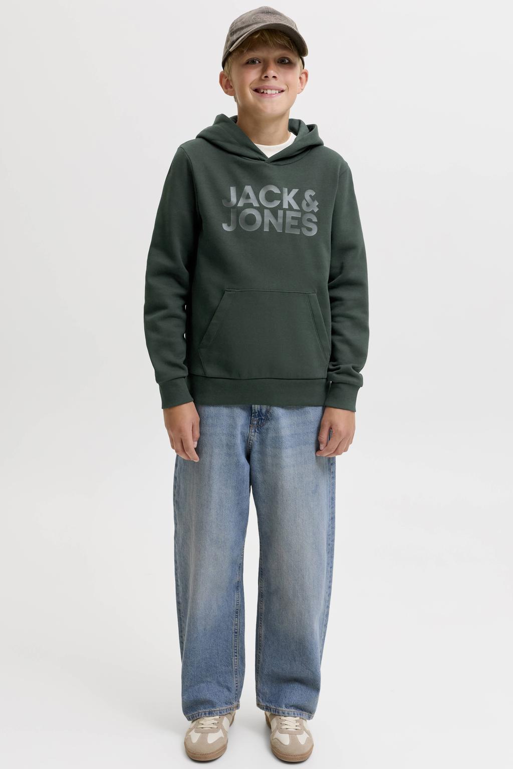 Donkergroene jongens JACK & JONES JUNIOR hoodie van sweat materiaal met logo dessin, lange mouwen en capuchon
