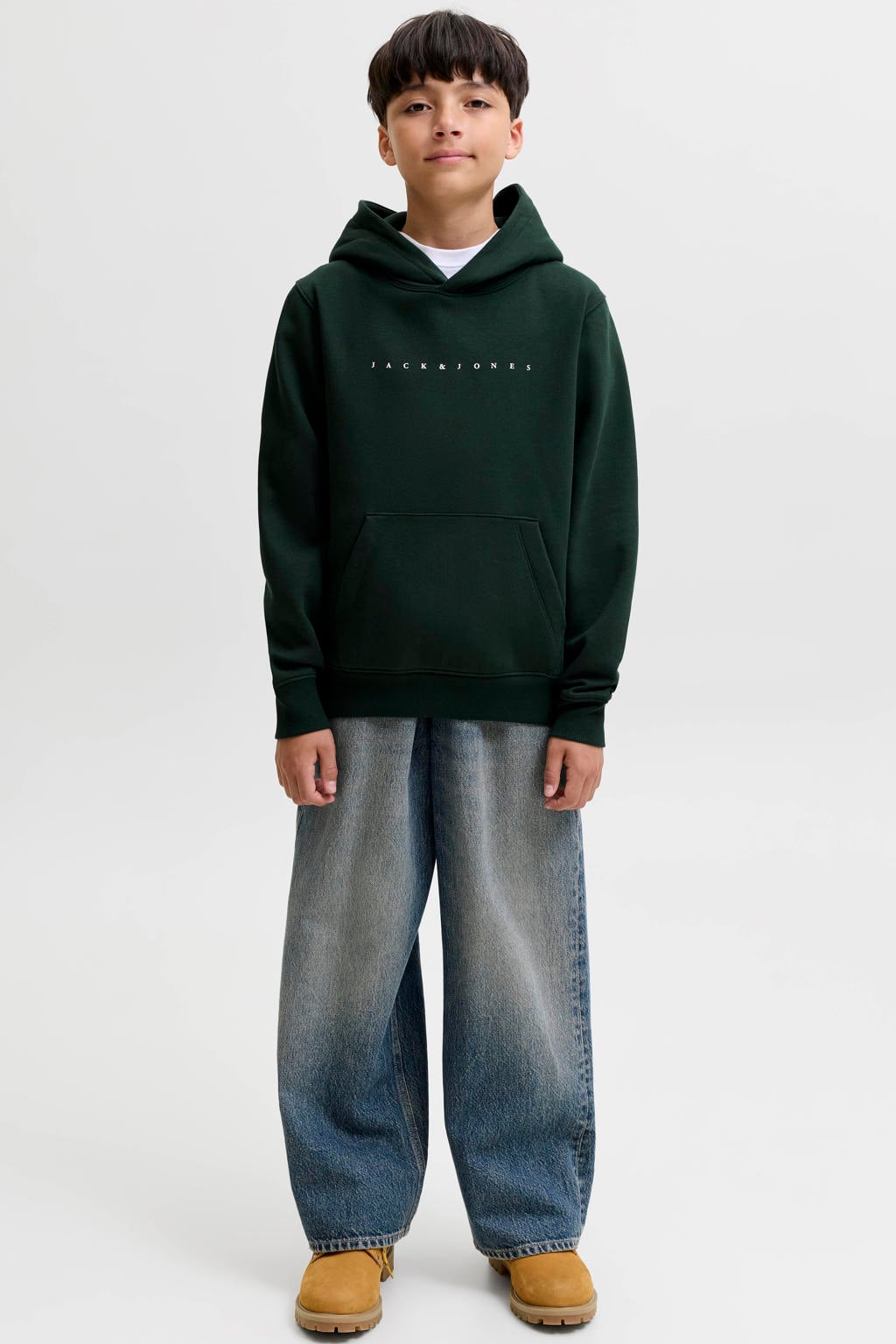 Donkergroene jongens JACK & JONES JUNIOR hoodie van sweat materiaal met tekst print, lange mouwen en capuchon
