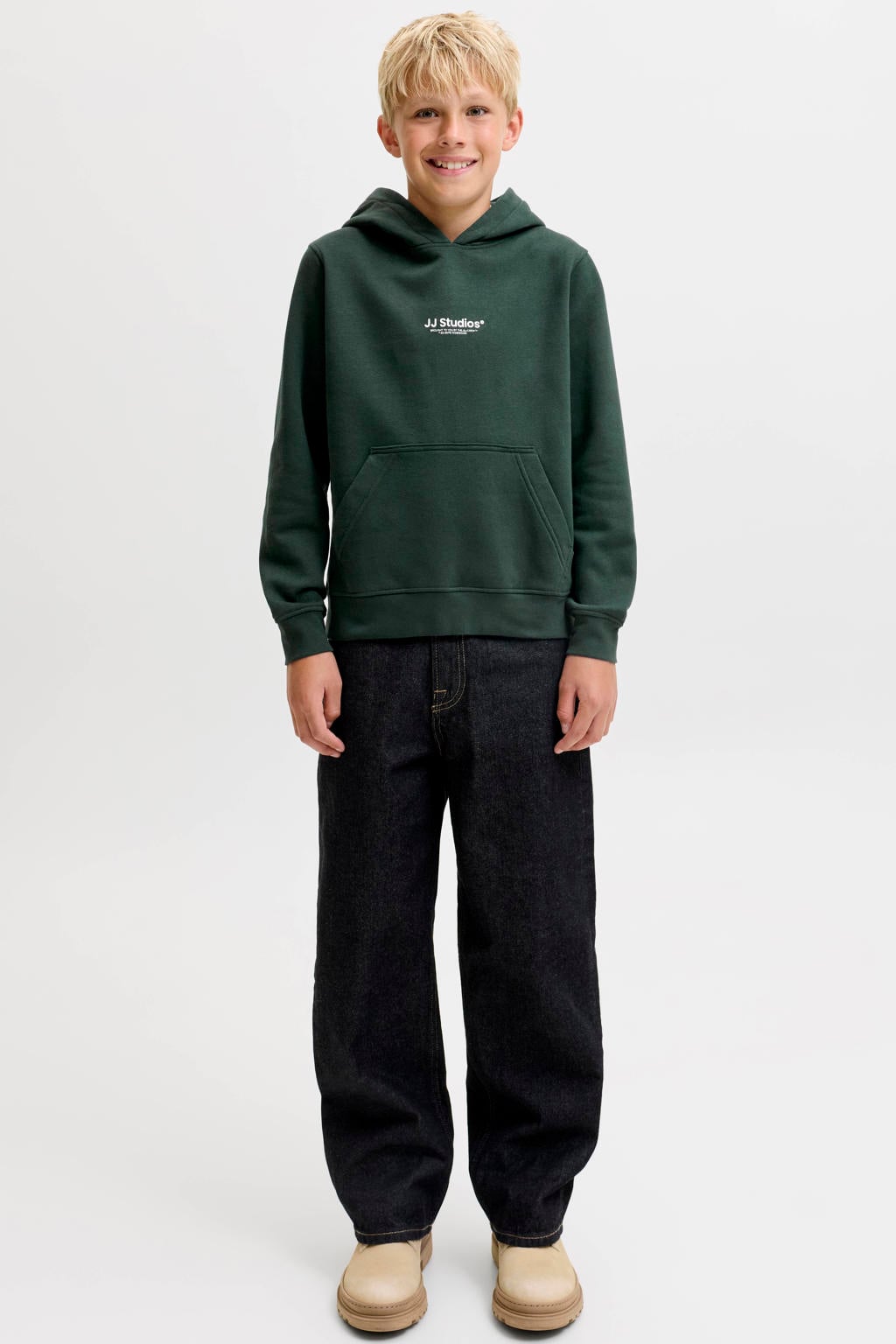 Donkergroene jongens JACK & JONES JUNIOR hoodie van sweat materiaal met tekst print, lange mouwen en capuchon
