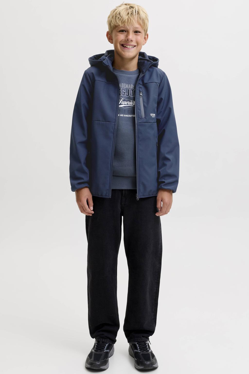 Donkerblauwe jongens JACK & JONES JUNIOR softshell jas van polyester met effen, lange mouwen, capuchon en ritssluiting