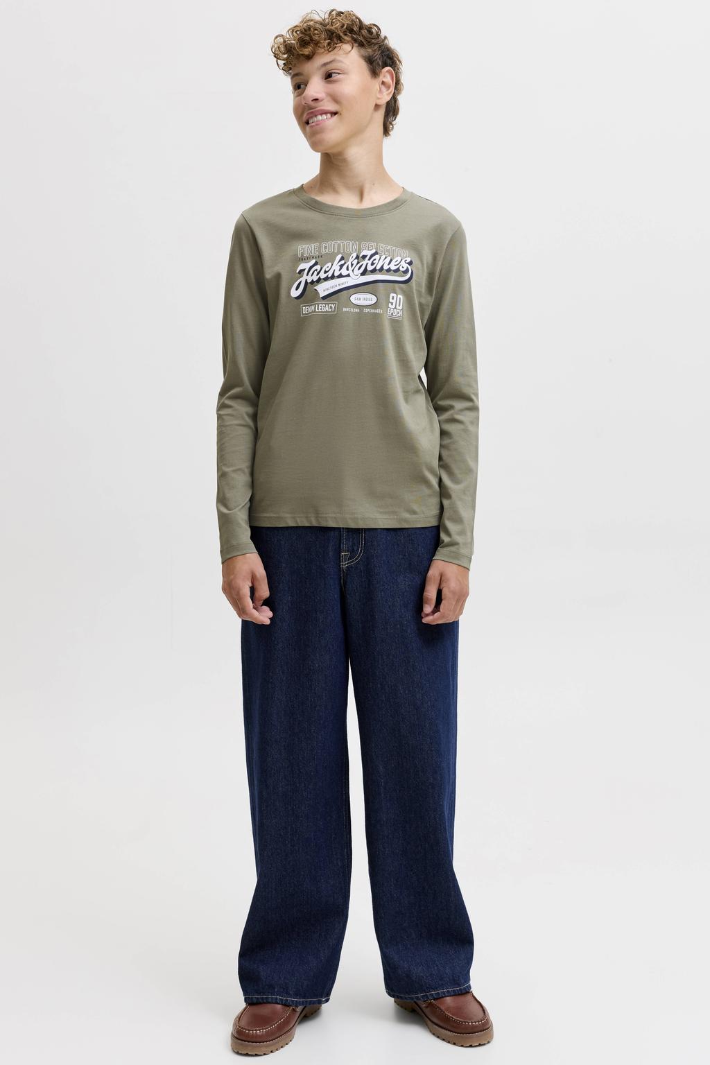 Grijsgroene jongens JACK & JONES JUNIOR longsleeve groen van katoen met lange mouwen