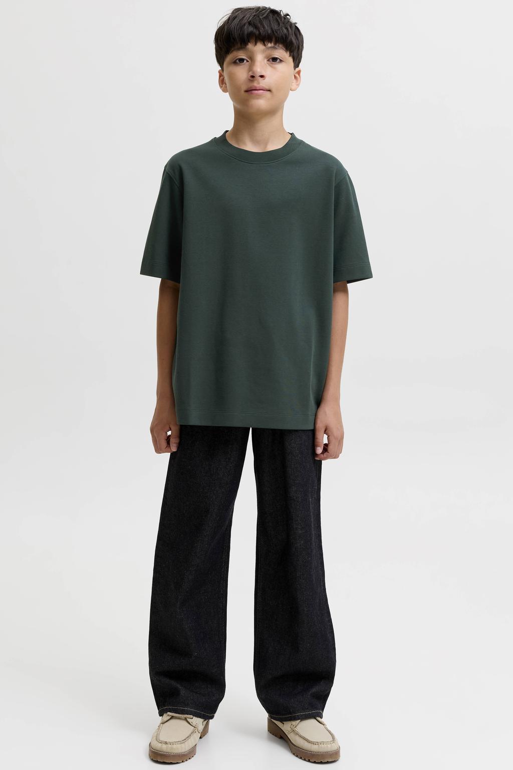 Donkergroene jongens JACK & JONES JUNIOR oversized T-shirt van stretchkatoen met effen, korte mouwen en ronde hals