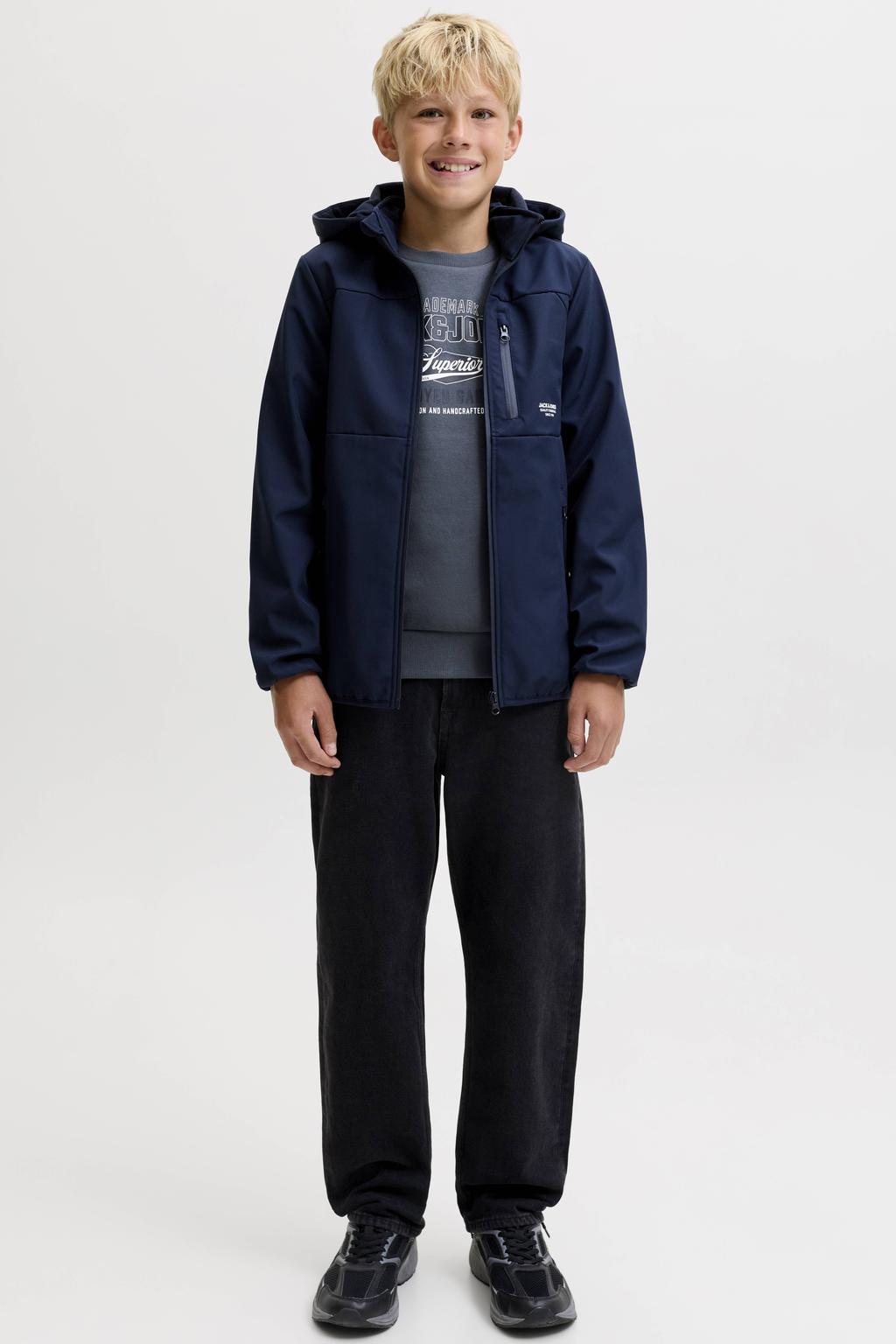Grijsblauwe jongens JACK & JONES JUNIOR sweater blauw met logo dessin, lange mouwen, ronde hals en geribde boorden