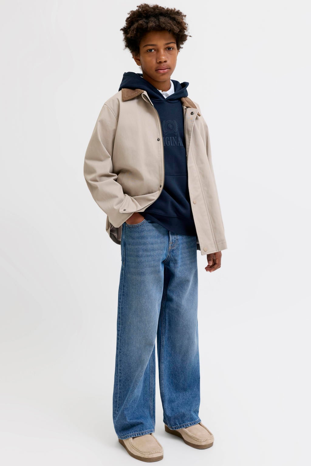 Medium blue denim jongens JACK & JONES JUNIOR wide leg jeans mediumblauw van denim met high waist, rits- en knoopsluiting en effen