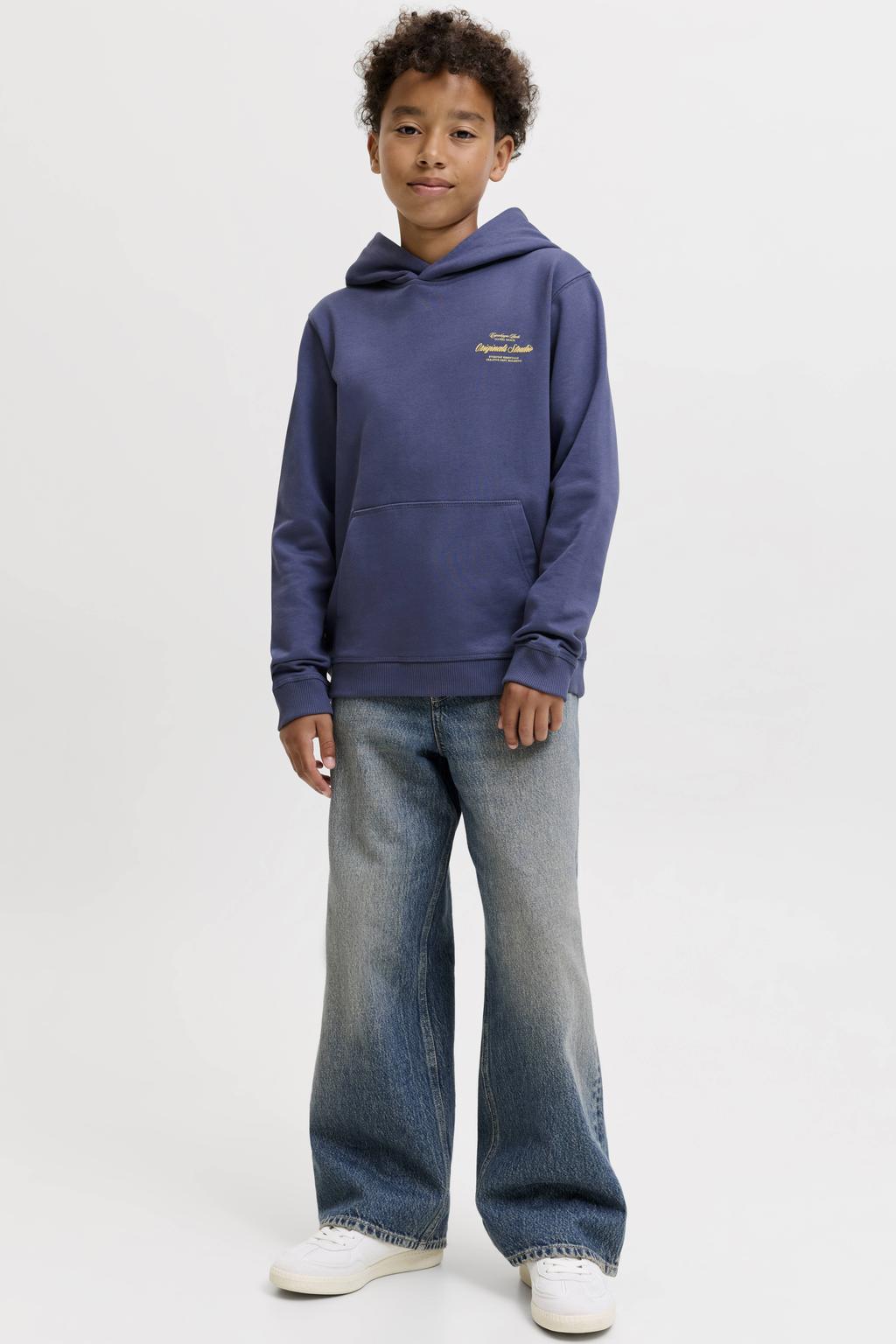 Blauwe jongens JACK & JONES JUNIOR hoodie van sweat materiaal met backprint, lange mouwen en capuchon