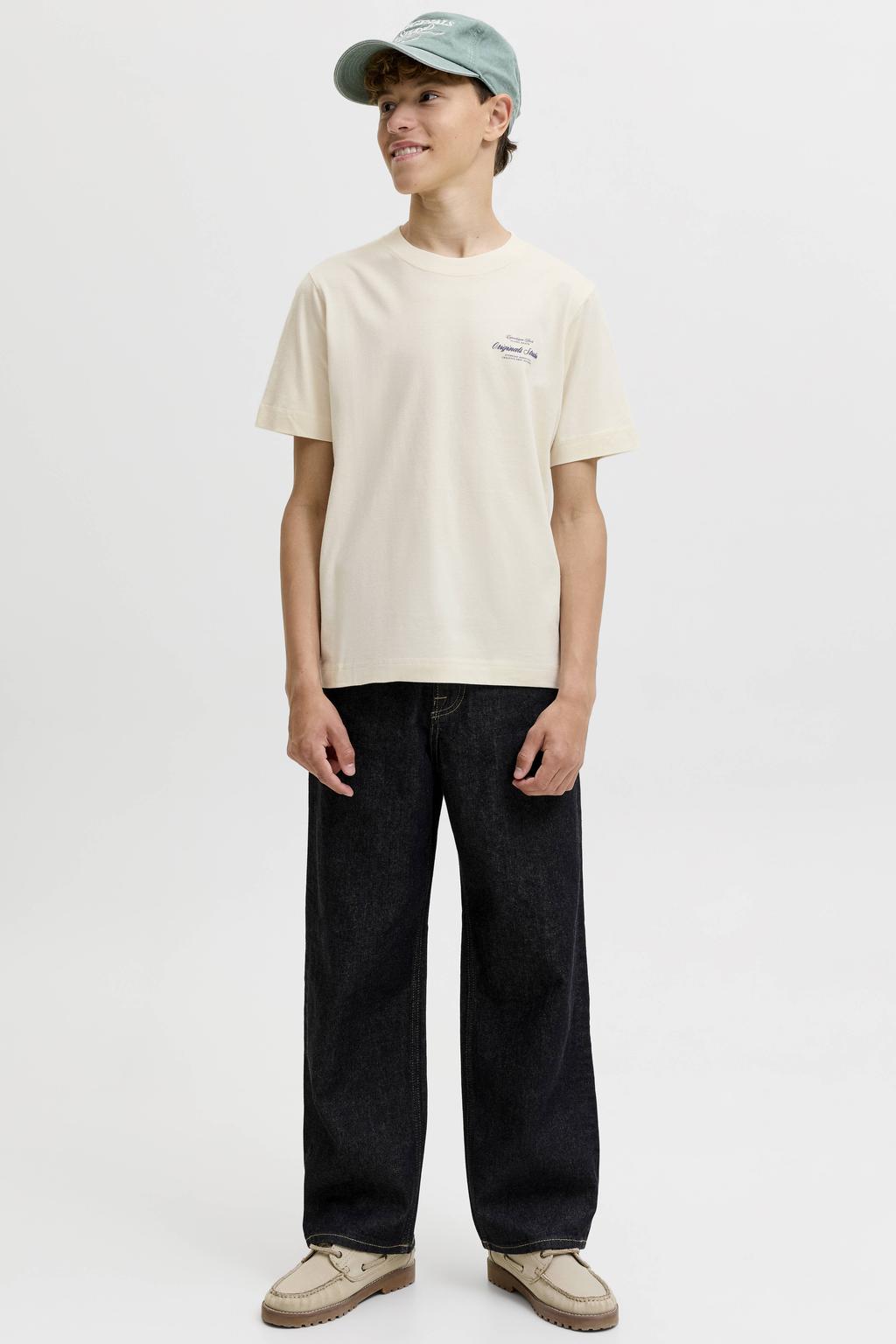 Zandkleurige jongens JACK & JONES JUNIOR T-shirt van katoen met backprint, korte mouwen en ronde hals