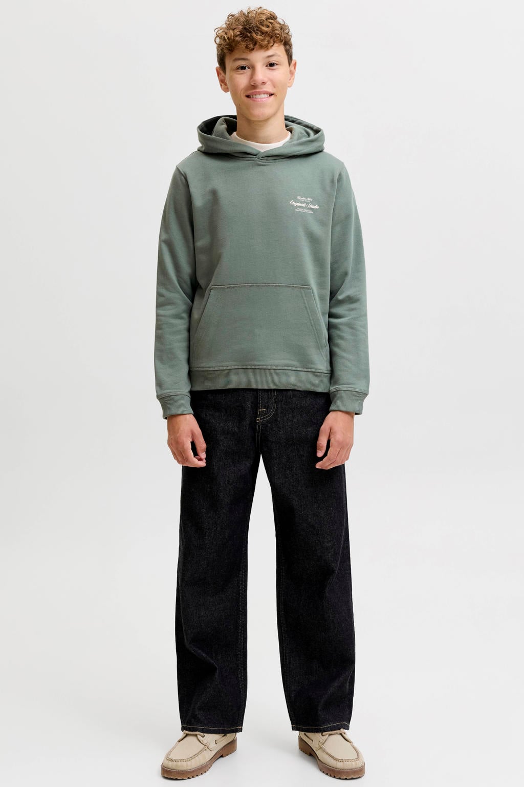Groene jongens JACK & JONES JUNIOR hoodie van sweat materiaal met backprint, lange mouwen en capuchon