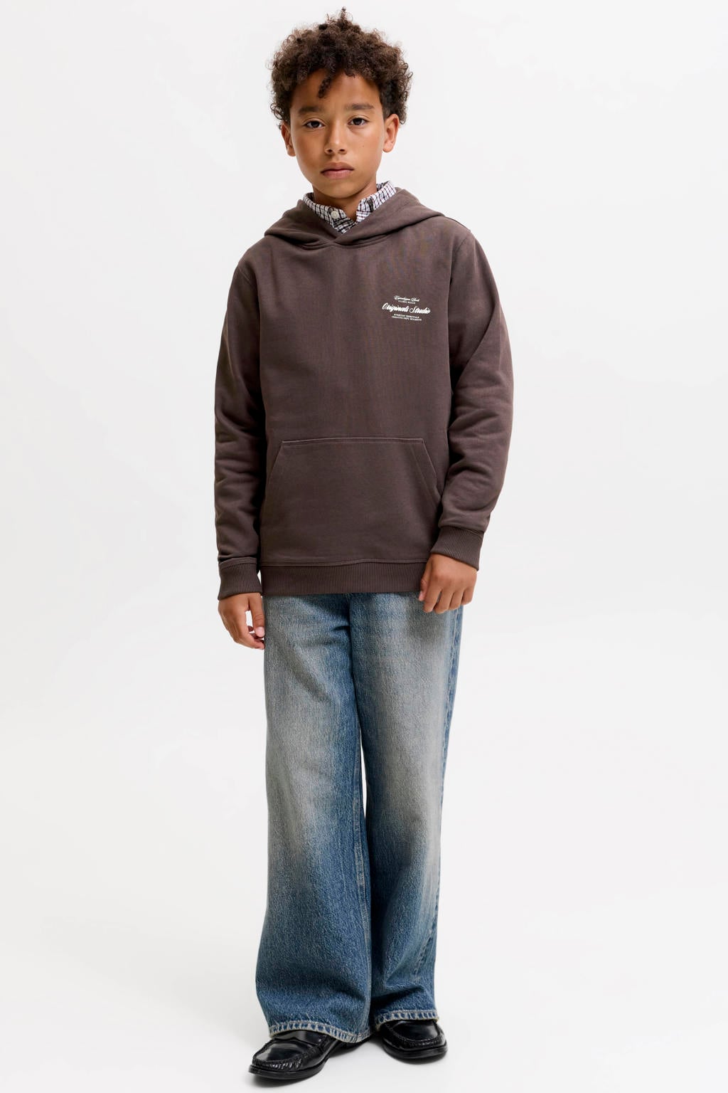 Donkerblauwe jongens JACK & JONES JUNIOR hoodie van sweat materiaal met backprint, lange mouwen en capuchon