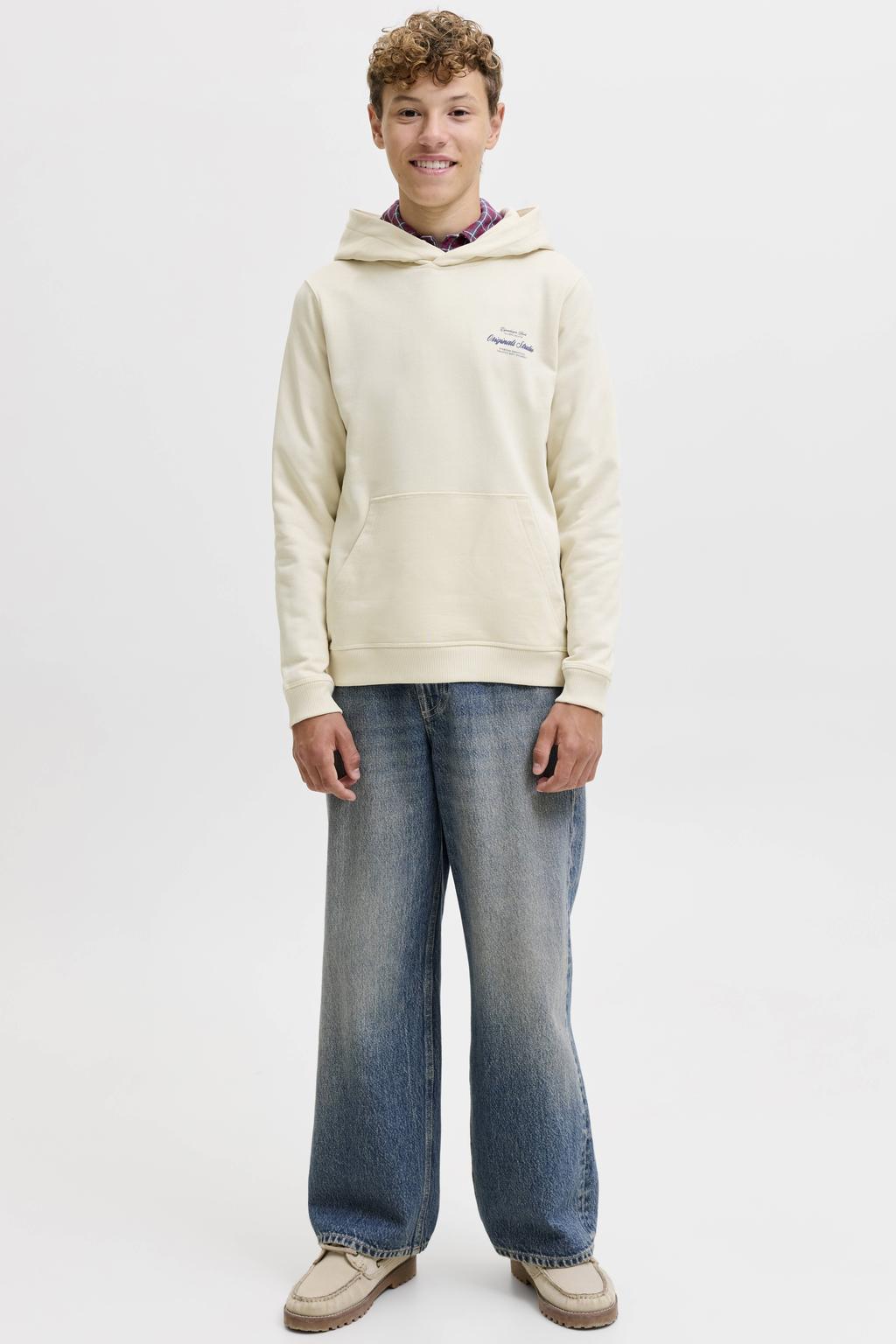 Witte jongens JACK & JONES JUNIOR hoodie van sweat materiaal met backprint, lange mouwen en capuchon