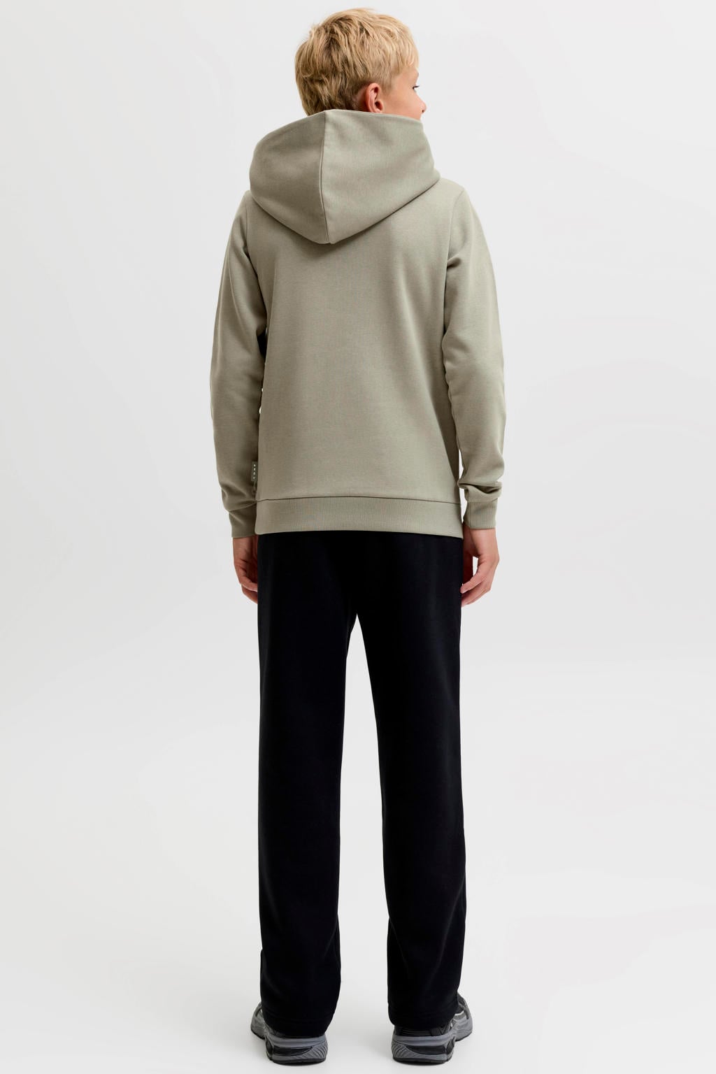Grijsgroene jongens JACK & JONES JUNIOR hoodie groen van sweat materiaal met logo dessin, lange mouwen en capuchon