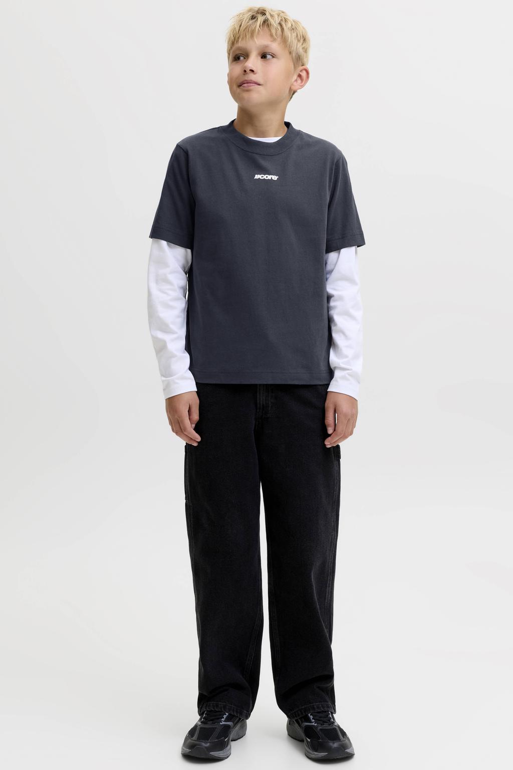 Donkerblauwe jongens JACK & JONES JUNIOR T-shirt van katoen met backprint, korte mouwen en ronde hals