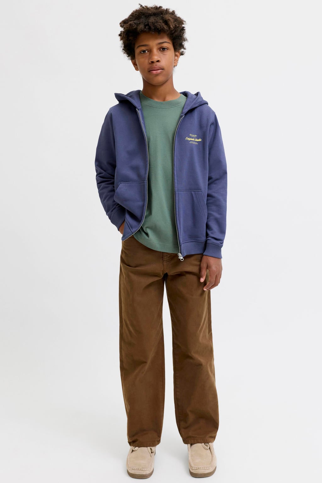 Blauwe jongens JACK & JONES JUNIOR sweatvest met backprint, lange mouwen, capuchon, ritssluiting en geribde boorden