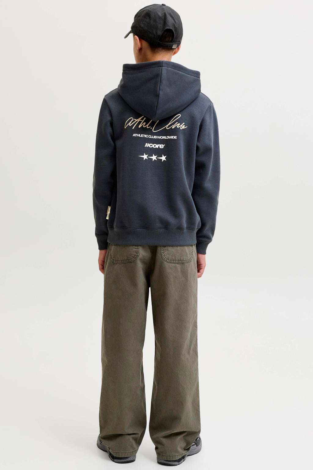 Donkerblauwe jongens JACK & JONES JUNIOR hoodie van sweat materiaal met backprint, lange mouwen en capuchon