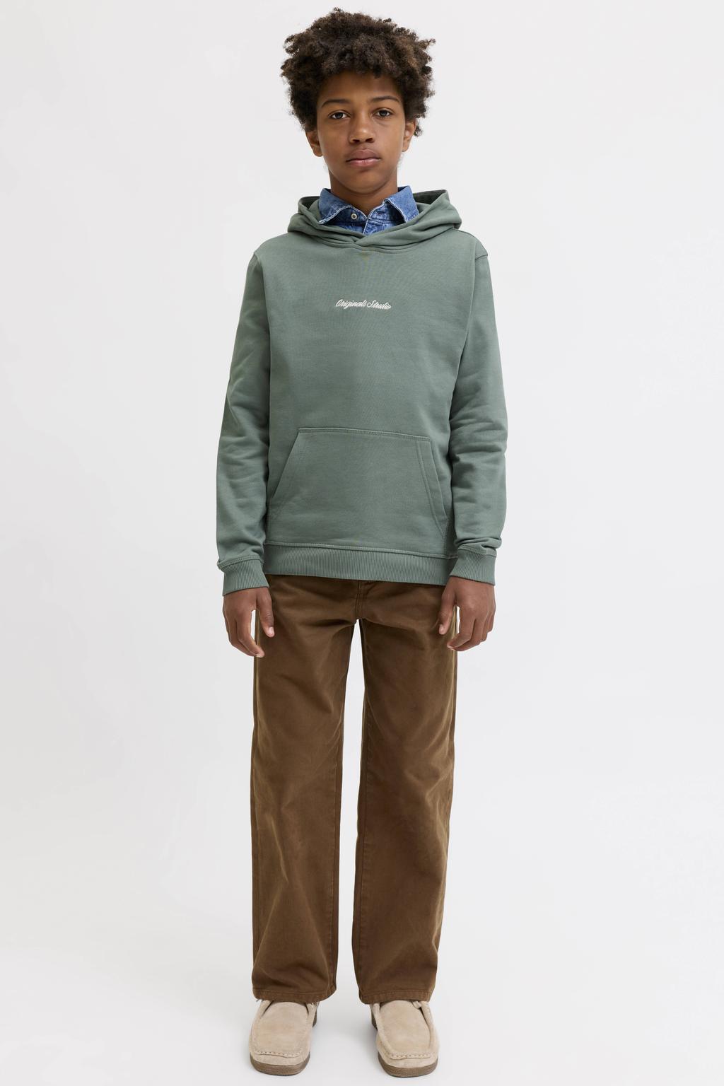 Groene jongens JACK & JONES JUNIOR hoodie van sweat materiaal met tekst print, lange mouwen en capuchon