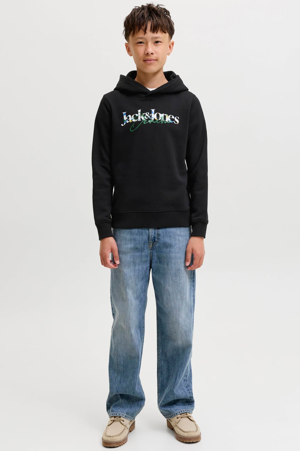 Zwarte jongens JACK & JONES JUNIOR hoodie van sweat materiaal met logo dessin, lange mouwen en capuchon