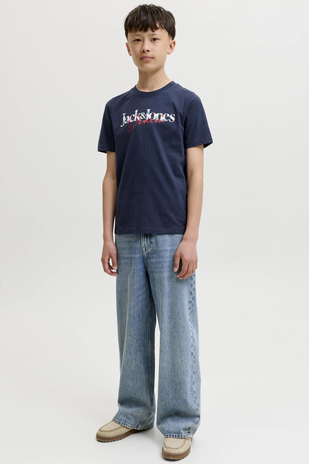 Donkerblauwe jongens JACK & JONES JUNIOR T-shirt van katoen met logo dessin, korte mouwen en ronde hals