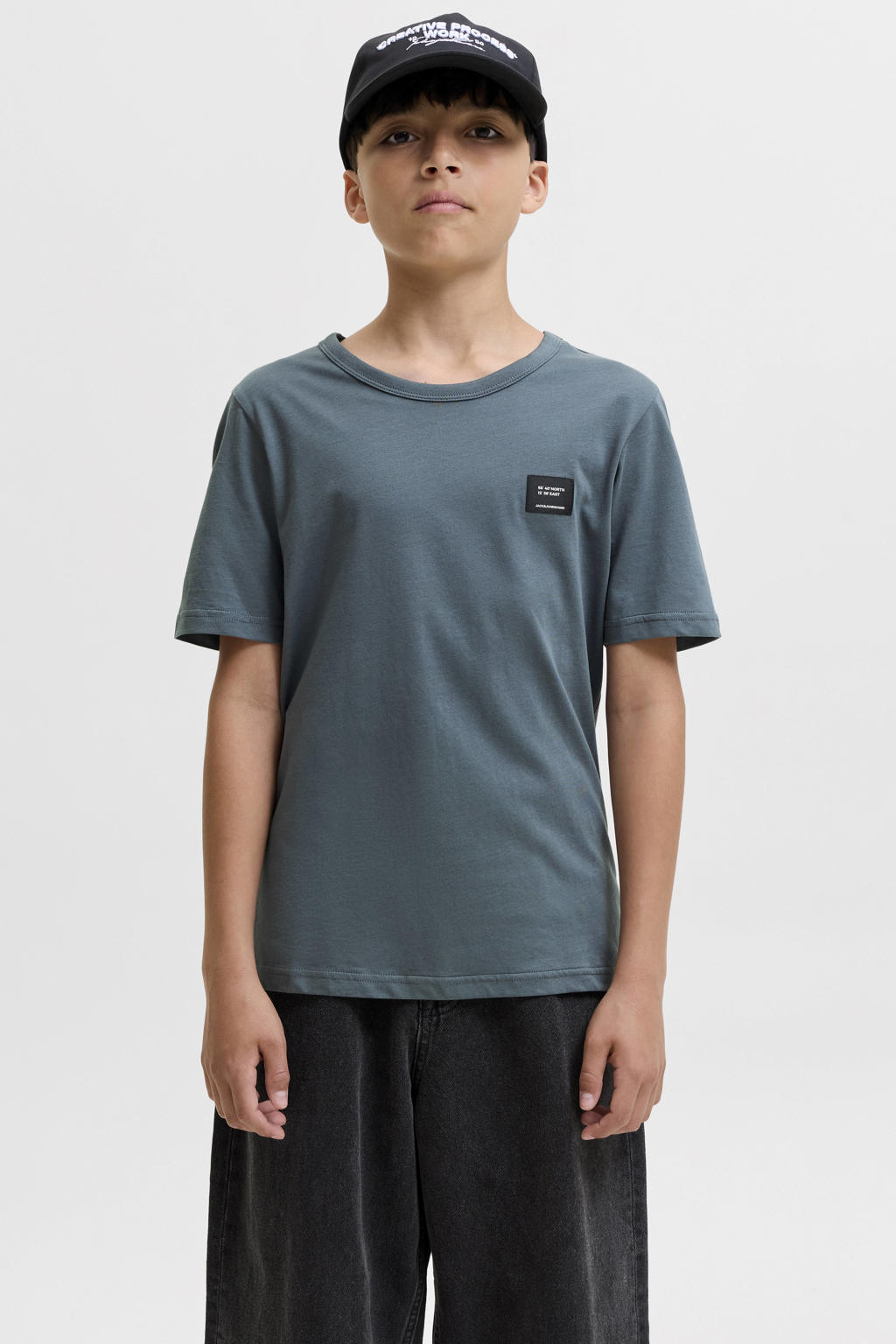 Grijsblauwe jongens JACK & JONES JUNIOR T-shirt blauw van katoen met effen, korte mouwen en ronde hals