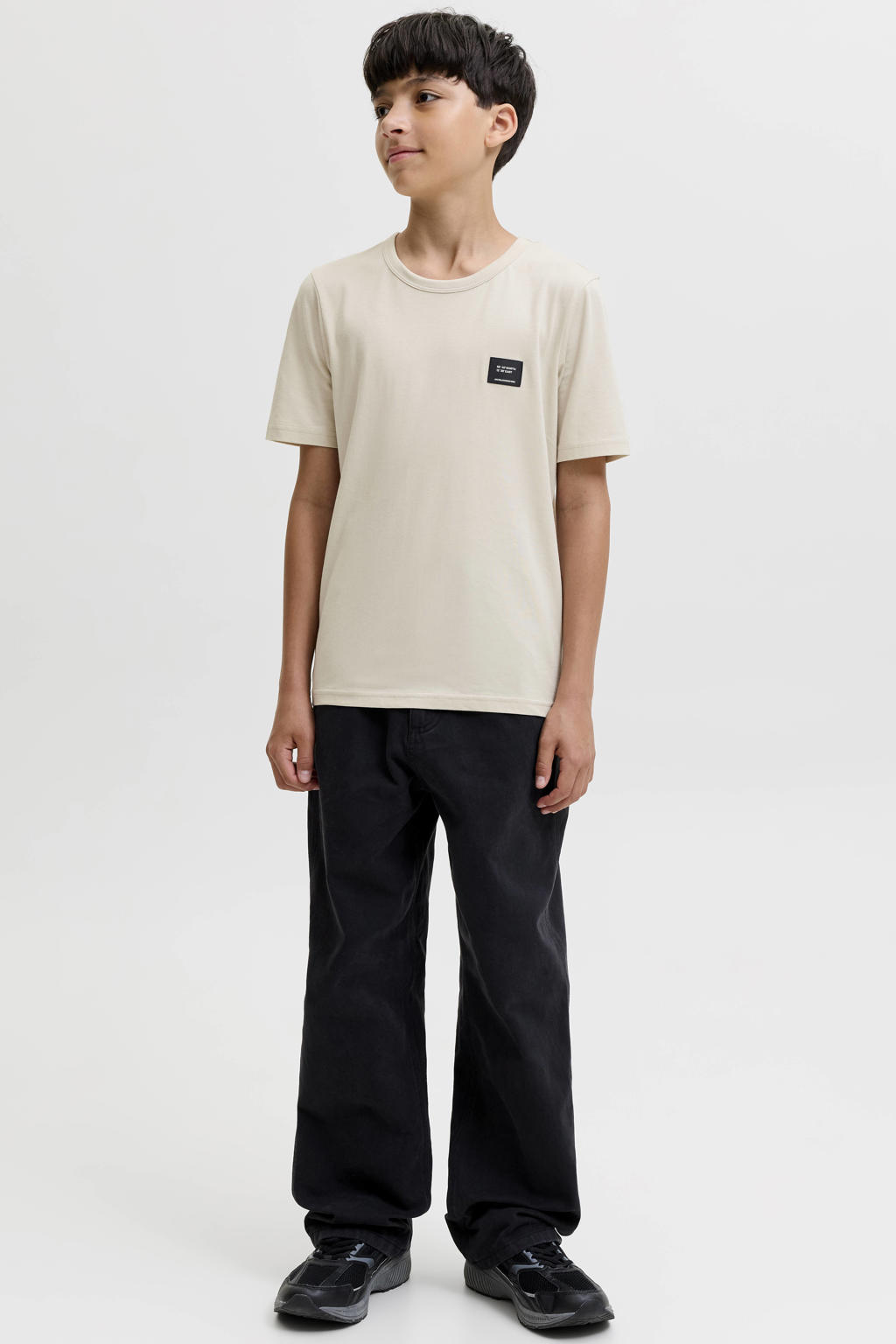 Ecru jongens JACK & JONES JUNIOR T-shirt van katoen met effen, korte mouwen en ronde hals