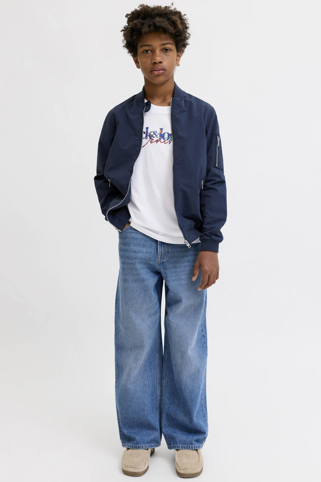 Witte jongens JACK & JONES JUNIOR longsleeve van katoen met tekst print, lange mouwen en ronde hals