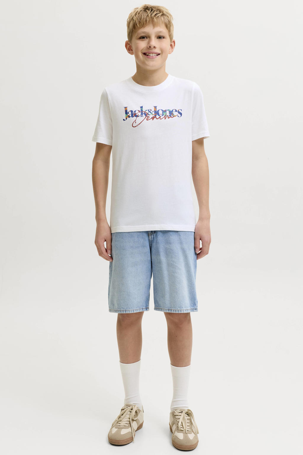 Witte jongens JACK & JONES JUNIOR T-shirt van katoen met logo dessin, korte mouwen en ronde hals