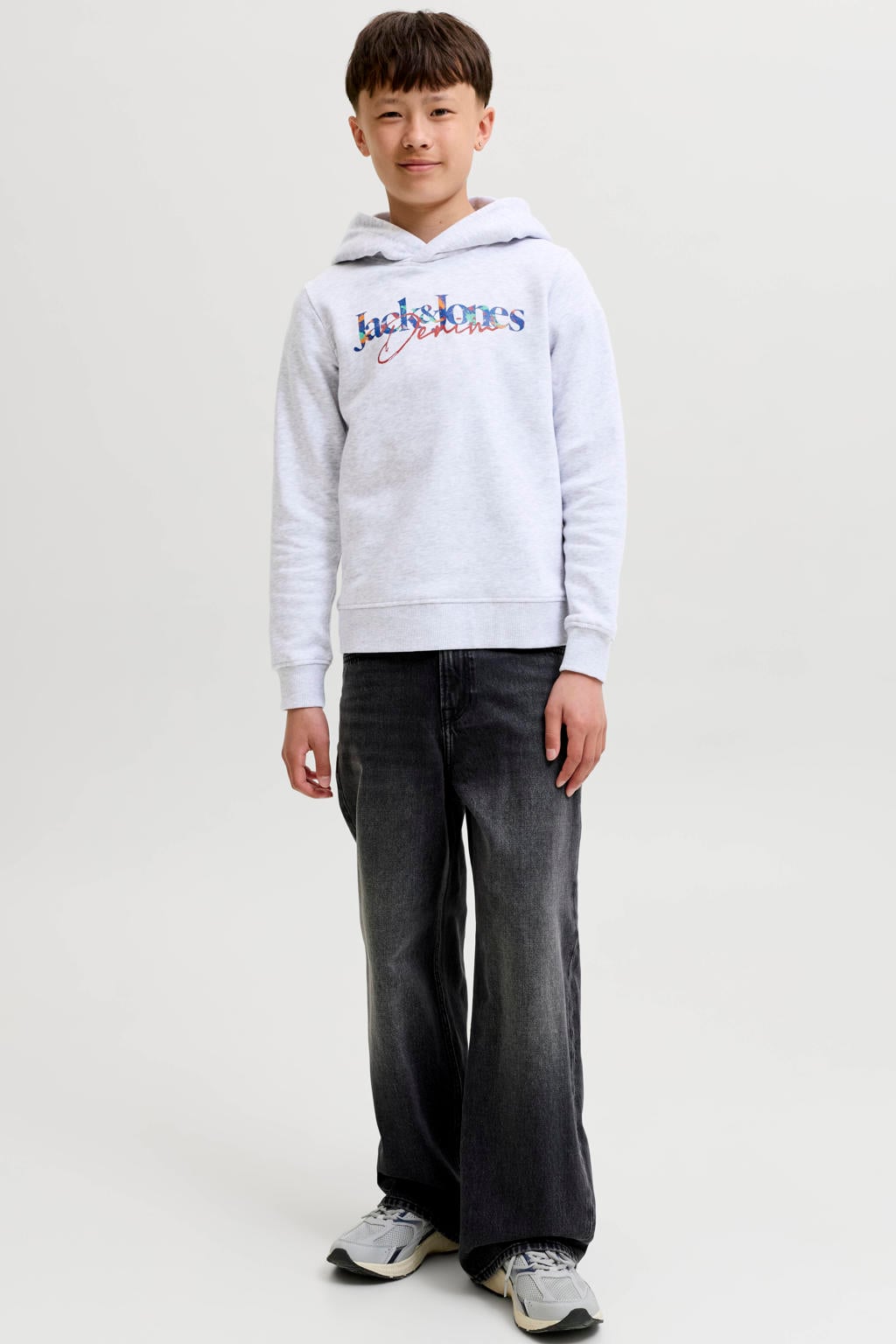 Witte jongens JACK & JONES JUNIOR hoodie van sweat materiaal met logo dessin, lange mouwen en capuchon