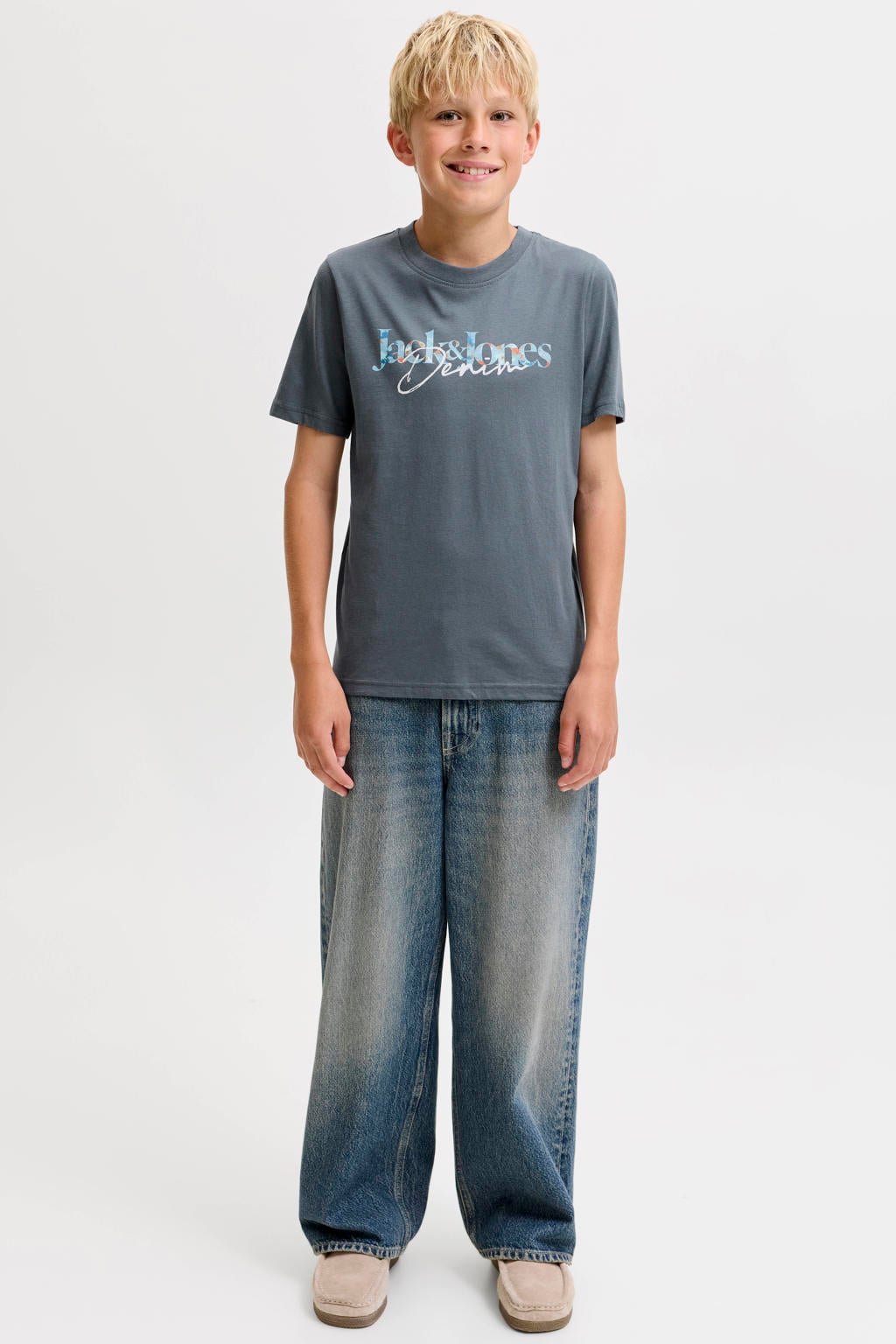 Grijze jongens JACK & JONES JUNIOR T-shirt van katoen met logo dessin, korte mouwen en ronde hals