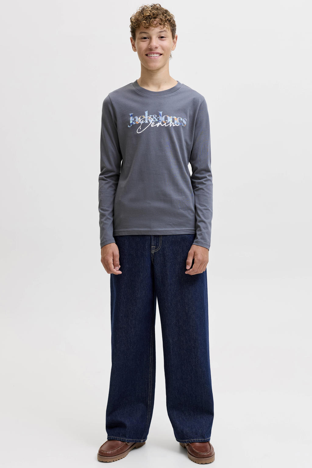 Grijze jongens JACK & JONES JUNIOR longsleeve van katoen met tekst print, lange mouwen en ronde hals