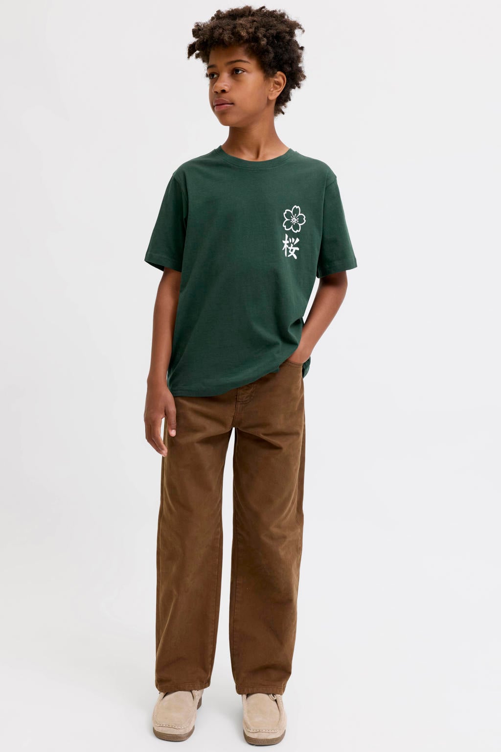 Groene jongens JACK & JONES JUNIOR rechtvallend T-shirt van katoen met backprint, korte mouwen en ronde hals