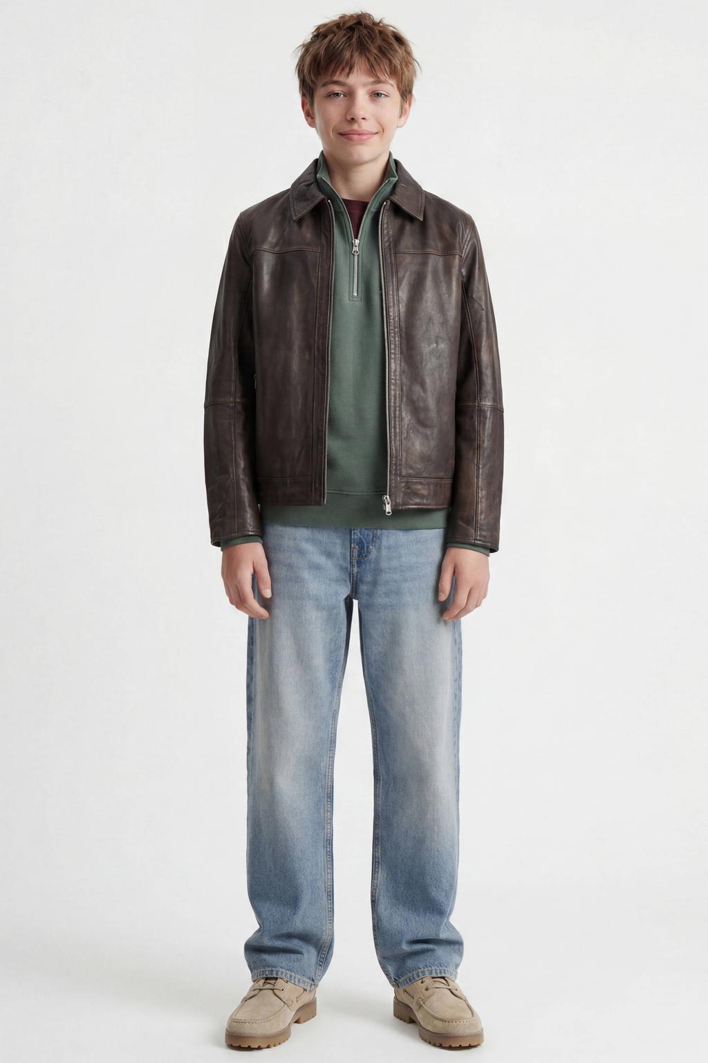 Groene jongens JACK & JONES JUNIOR sweater met tekst print, lange mouwen, opstaande kraag, halve rits en geribde boorden