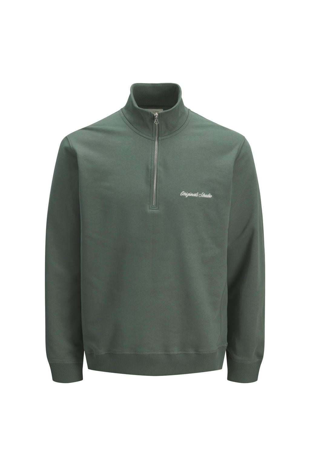 Groene jongens JACK & JONES JUNIOR van sweat materiaal met tekst print, lange mouwen, opstaande kraag, halve rits en geribde boorden