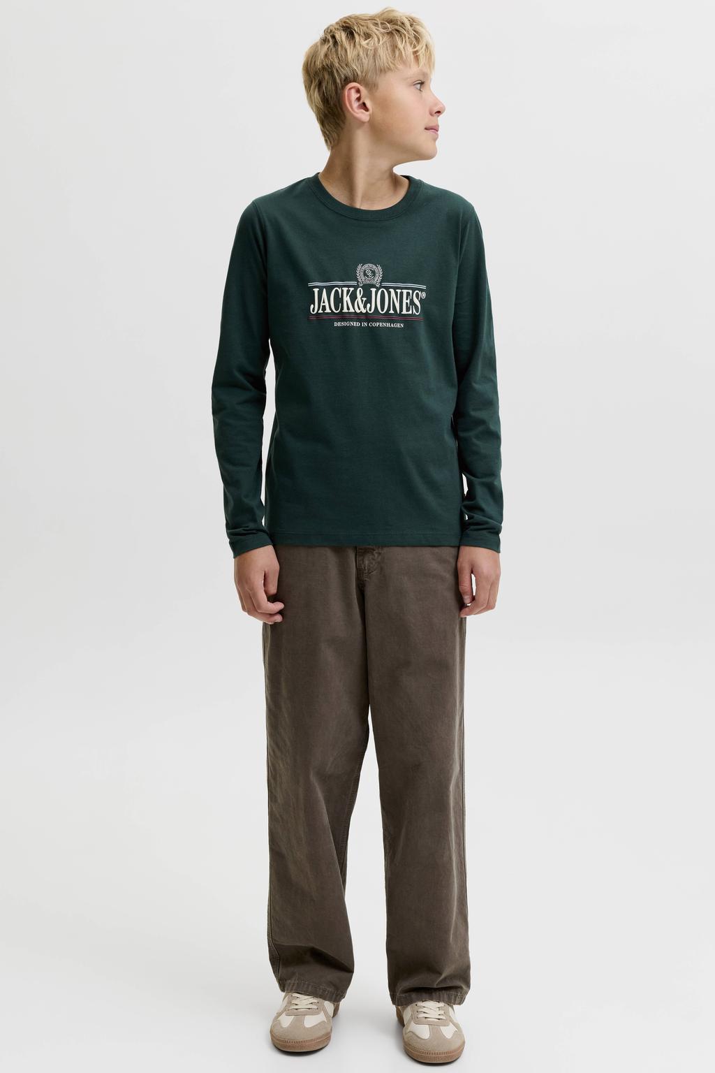 Donkergroene jongens JACK & JONES JUNIOR longsleeve van katoen met lange mouwen en ronde hals