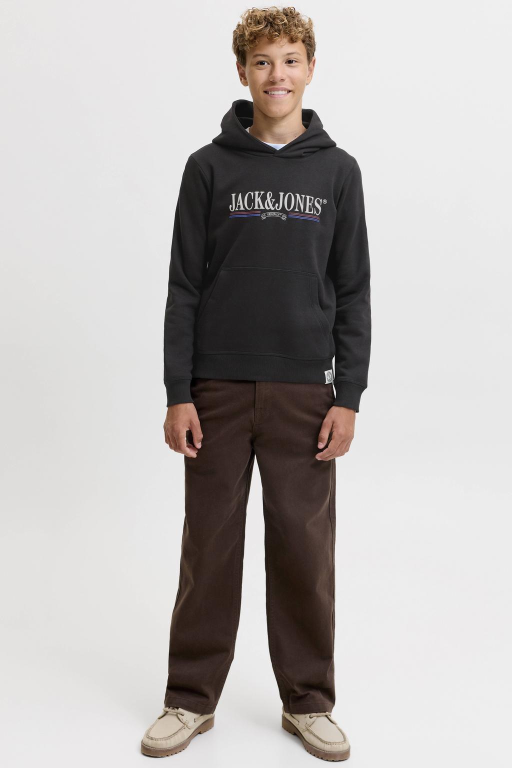 Zwarte jongens JACK & JONES JUNIOR hoodie van sweat materiaal met logo dessin, lange mouwen en capuchon