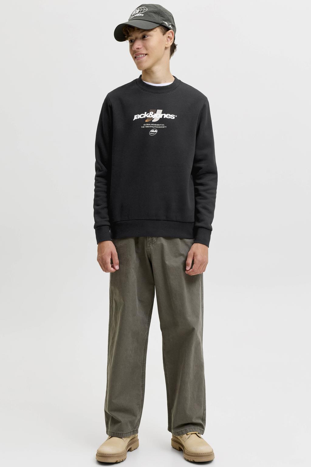 Zwarte jongens JACK & JONES JUNIOR sweater van katoen met logo dessin, lange mouwen en ronde hals