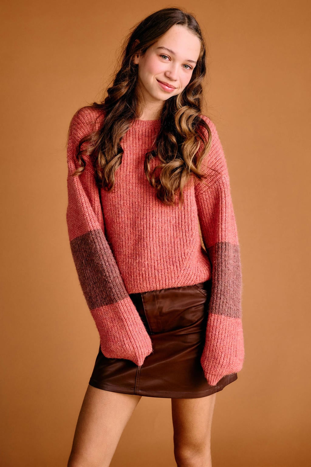 Rood, koraalrood en bruine meisjes NoBell’ gebreide trui van polyester met meerkleurige print, lange mouwen en ronde hals