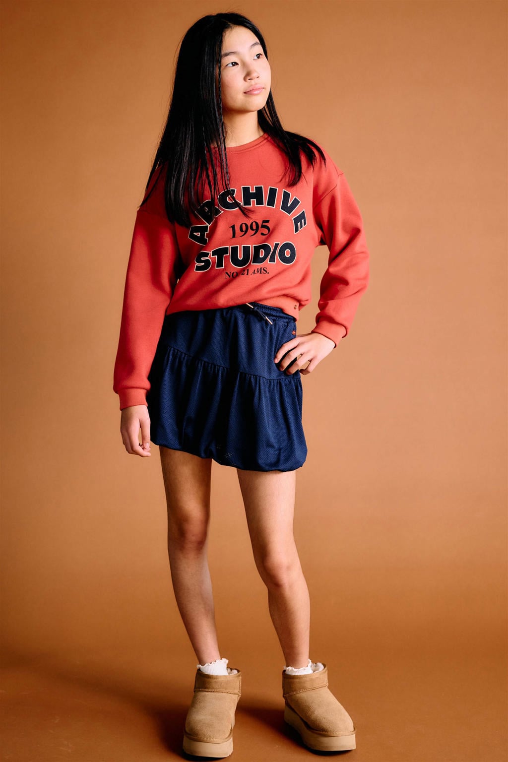 Rode meisjes NoBell’ sweater met printopdruk, lange mouwen, ronde hals en geribde boorden