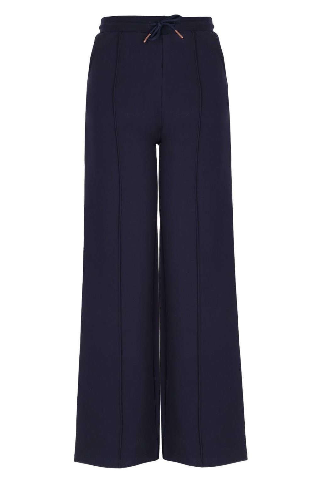 Donkerblauwe meisjes NoBell’ wide leg casual broek van rayon met elastische tailleband met koord en effen