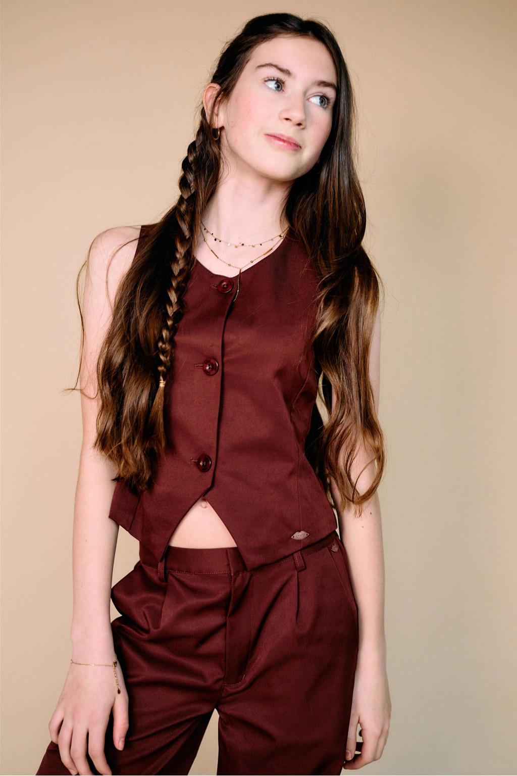 Donkerblauwe meisjes NoBell’ gilet van polyester met effen, ronde hals en knoopsluiting