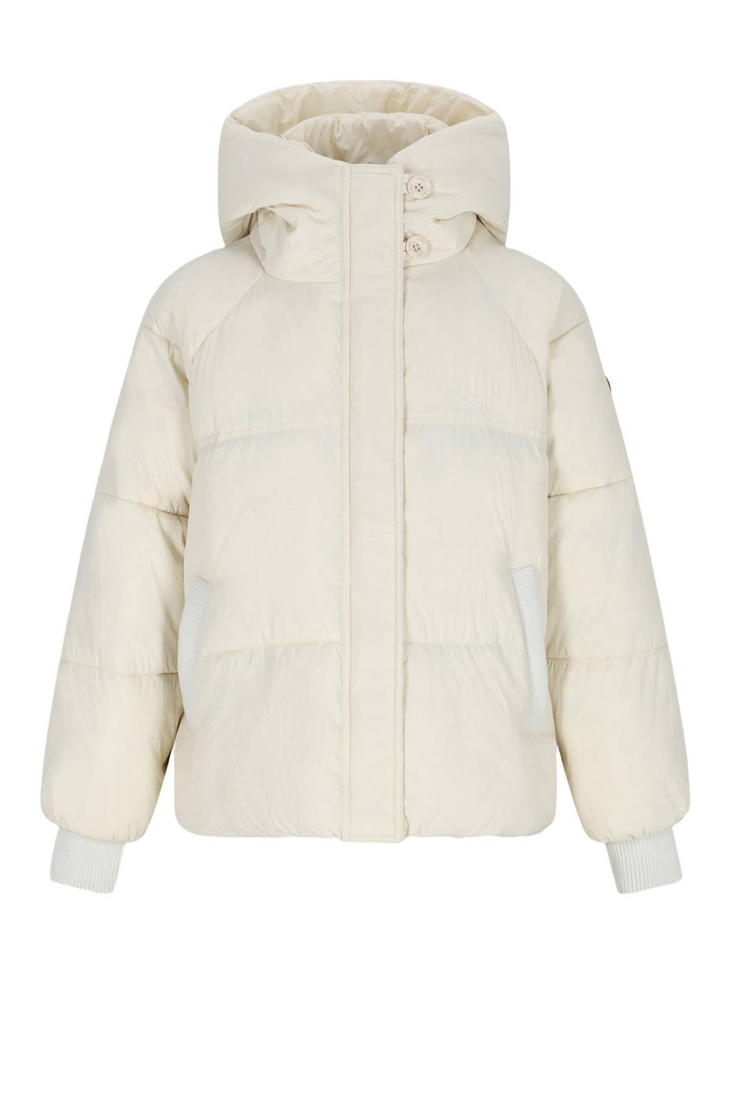 Witte meisjes NoBell’ gewatteerde winterjas van polyamide met effen, lange mouwen, capuchon en rits- en drukknoopsluiting