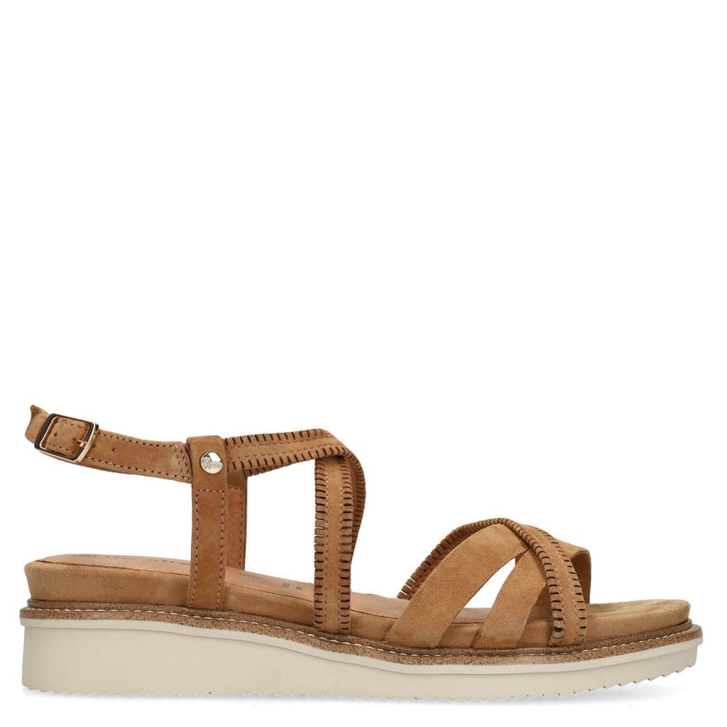 Cognackleurige dames No Stress leren sandalen met gesp