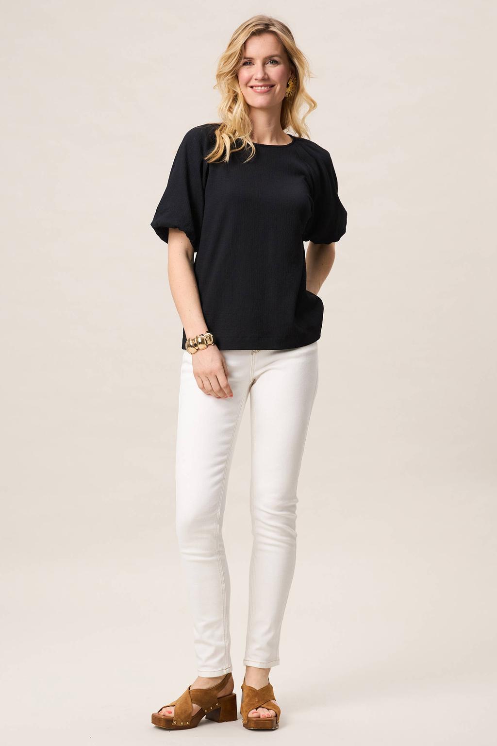 Zwarte dames Miss Etam gestreepte blousetop van polyester met korte mouwen en ronde hals