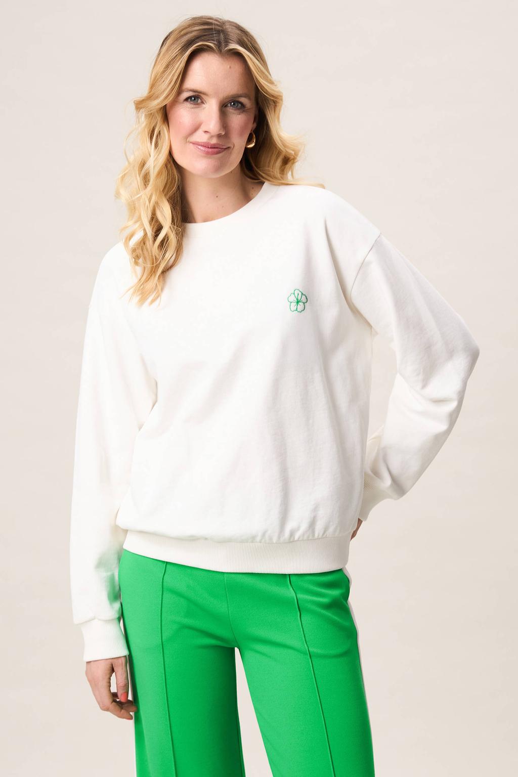 Creme, groen en gele dames Miss Etam sweater van katoen met printopdruk, lange mouwen en ronde hals