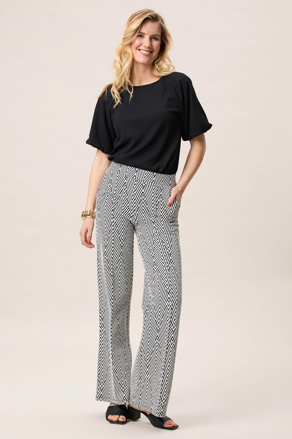Zwart en ecru dames Miss Etam wide leg regular waist broek van katoen